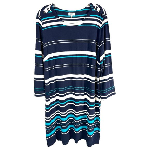 Crown Ivy Plus Size XL Dress Navy Blue Striped Long Sleeve Knee Length Shift 566 - Picture 1 of 10